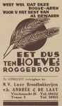 717389 Advertentie van de N.V. Luxe Broodbakkerijen v.h. Andrée & De Laat, Vismarkt 21 en Trans 3 te Utrecht, voor Ten ...